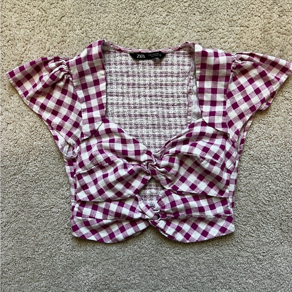 Zara Pink & White Gingham Twist Front Crop Top – Women’s Medium – Puff Sleeve